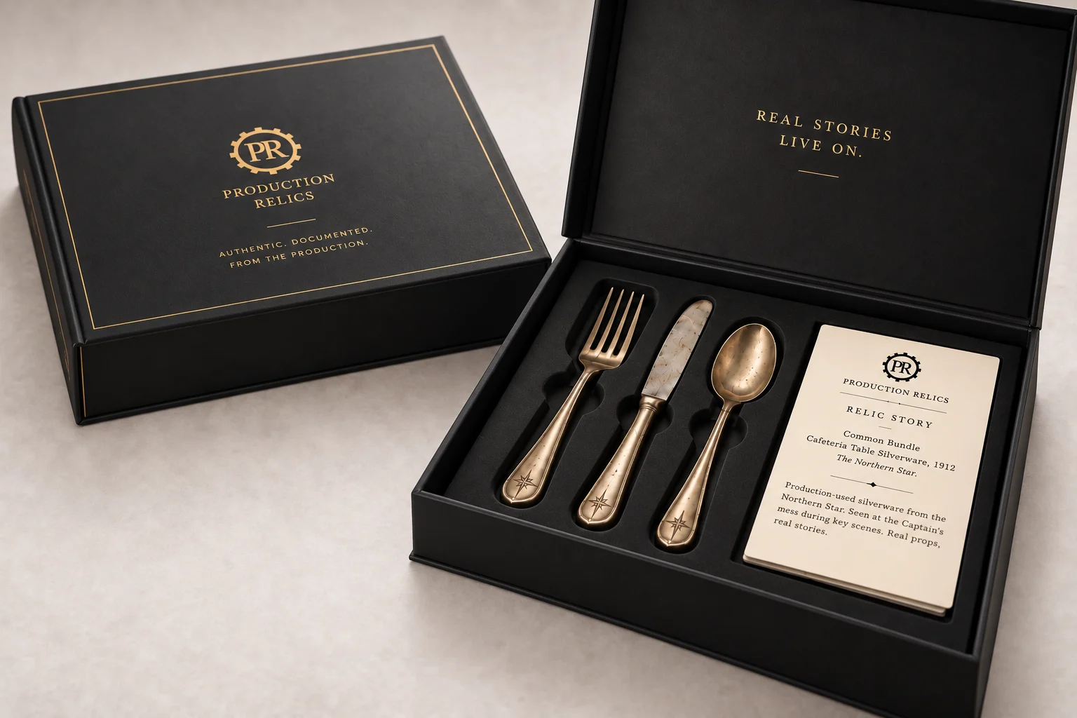 An open black Production Relics presentation box holding an aged fork, knife and spoon with star-engraved handles in a fitted insert next to a cream relic story card, beside the closed box with its gold PR band