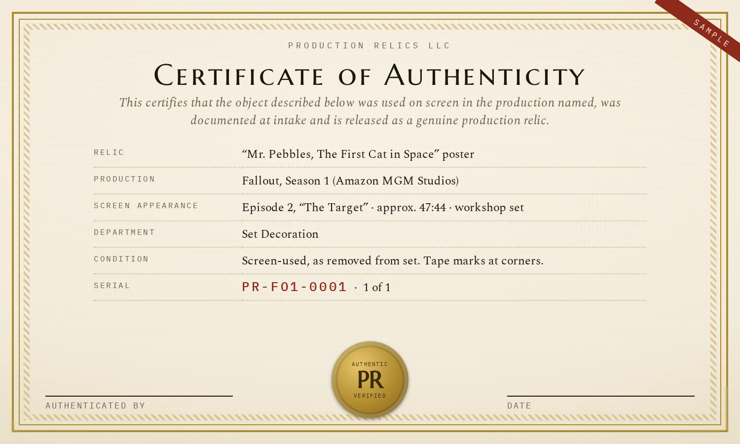 Certificate of Authenticity for PR-F01-0001