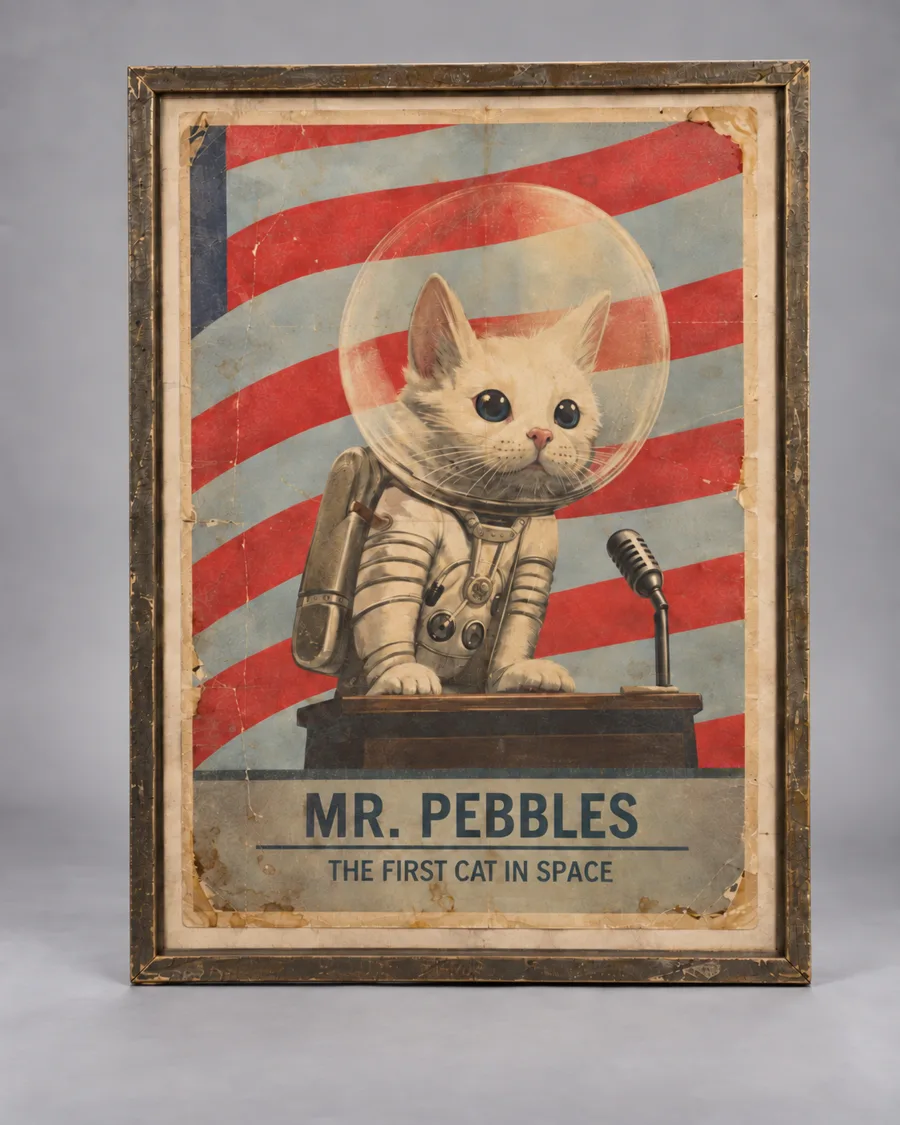 The Mr. Pebbles, The First Cat in Space poster in a weathered frame